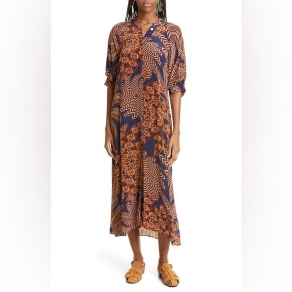 Farm Rio Yawanawa Vanahu Midi Blue Orange Shirt Dress Size S - Picture 7 of 13